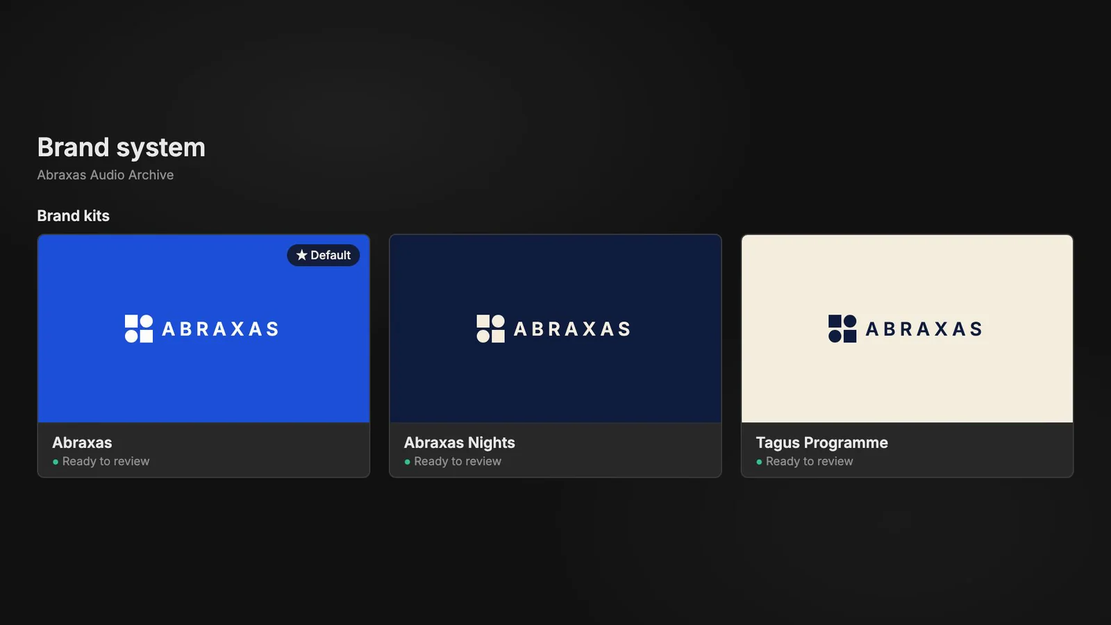 Three Abraxas brand kits in Kitana, each ready to review, with gold-standard assets below them