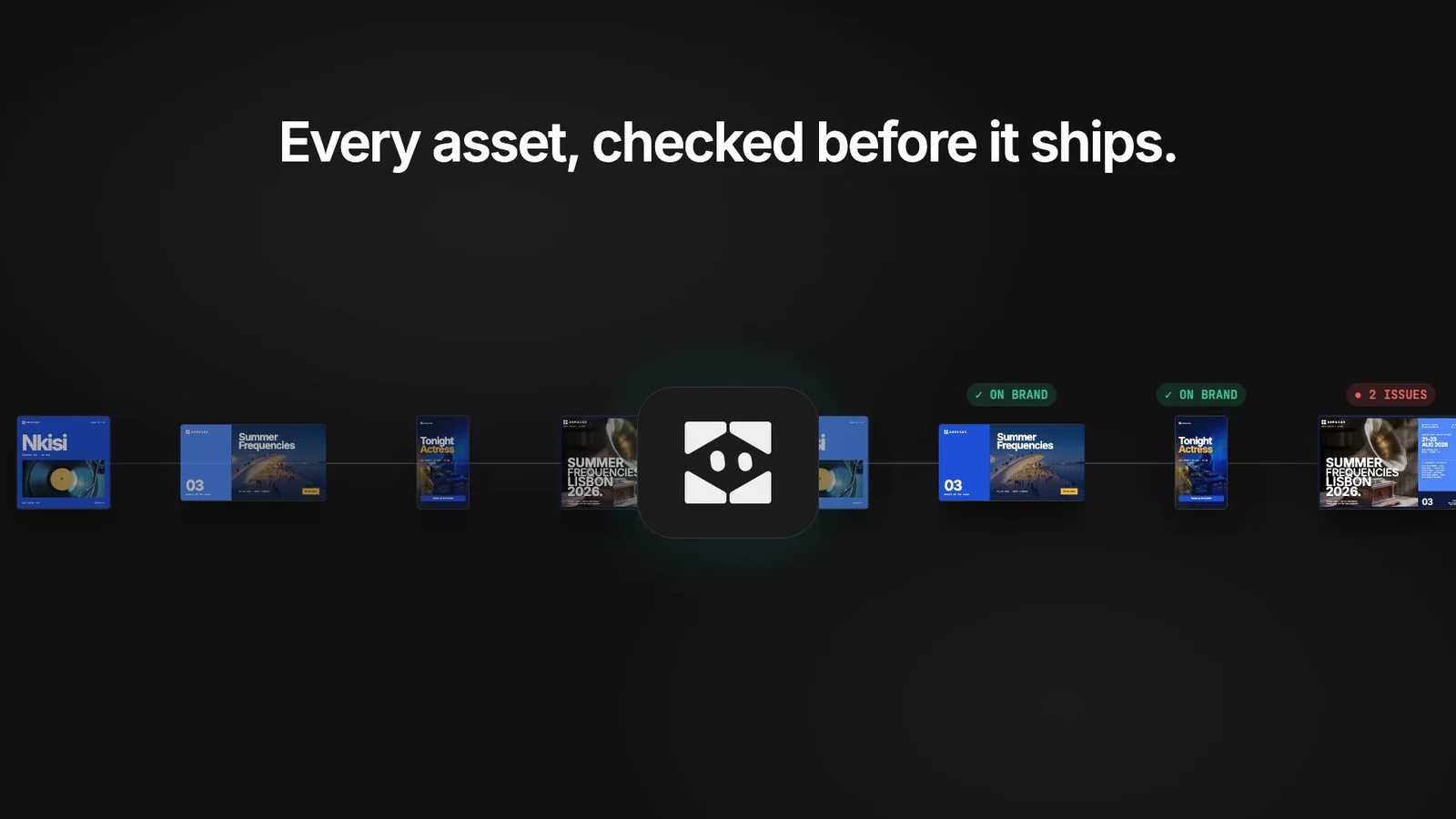 A row of assets passing through the Kitana mark, each tagged On brand or with its number of issues