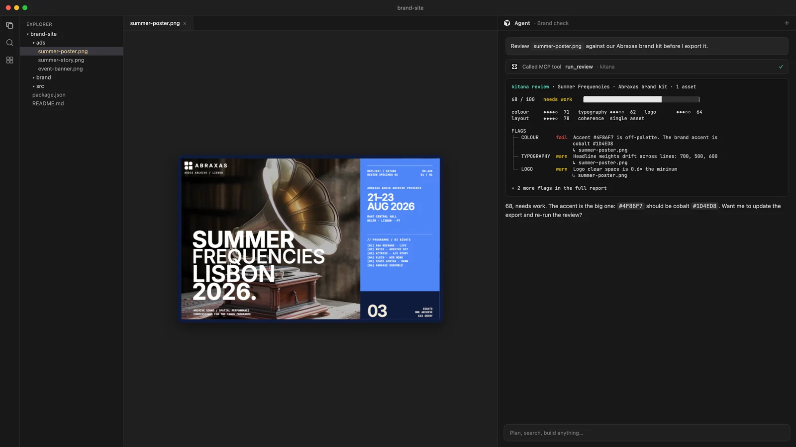 Kitana running inside Cursor, with the poster open in the editor and the review in the agent panel